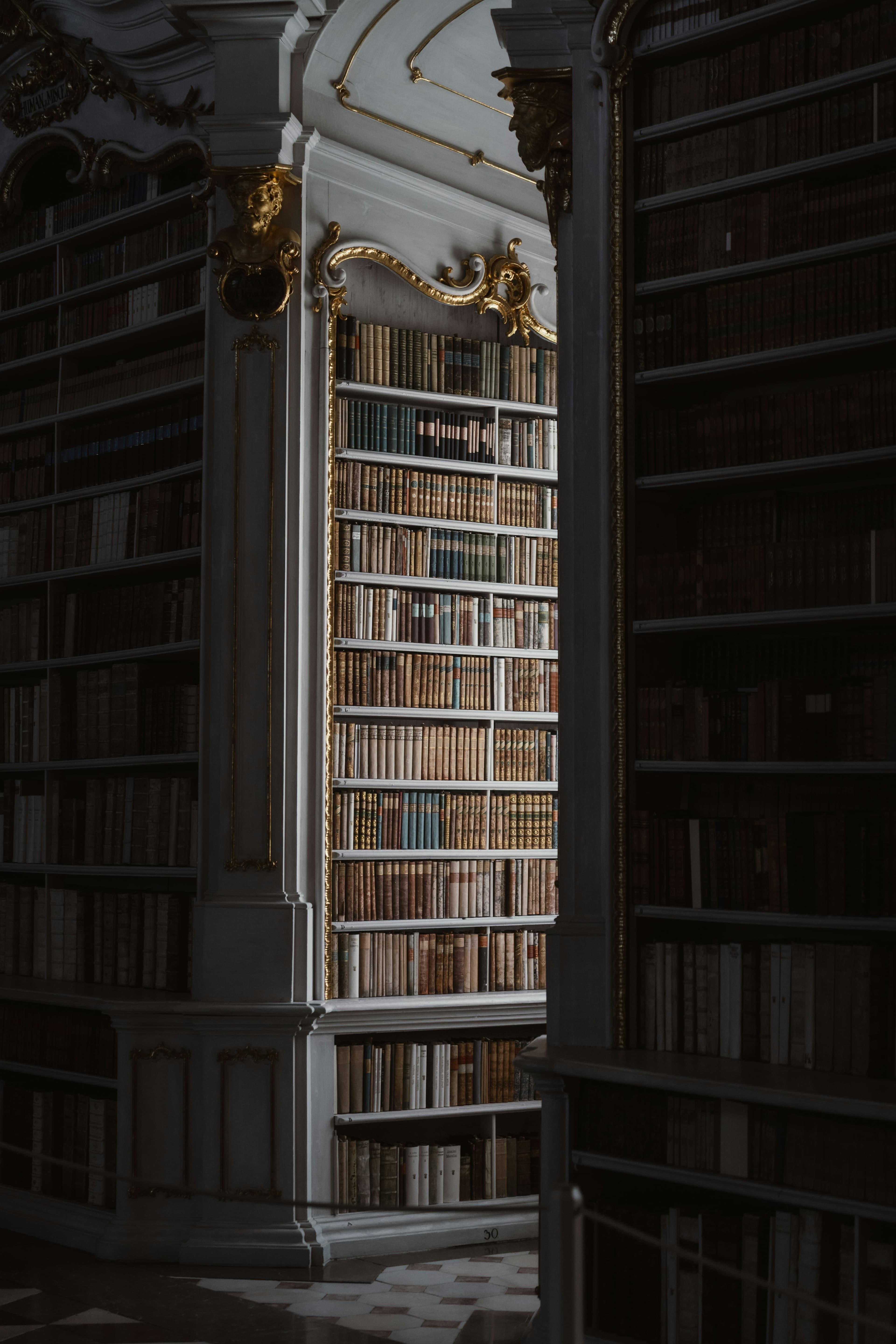 رفوف كتب علمية قديمة في مكتبة تعكس الدراسة المنهجية والتكوين العلمي